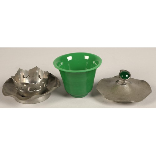 218 - Chinese pewter mounted green glass bowl and servers and pewter mounted green glass preserve jar.