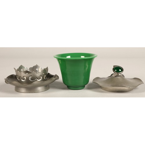 218 - Chinese pewter mounted green glass bowl and servers and pewter mounted green glass preserve jar.