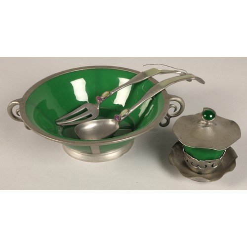 218 - Chinese pewter mounted green glass bowl and servers and pewter mounted green glass preserve jar.