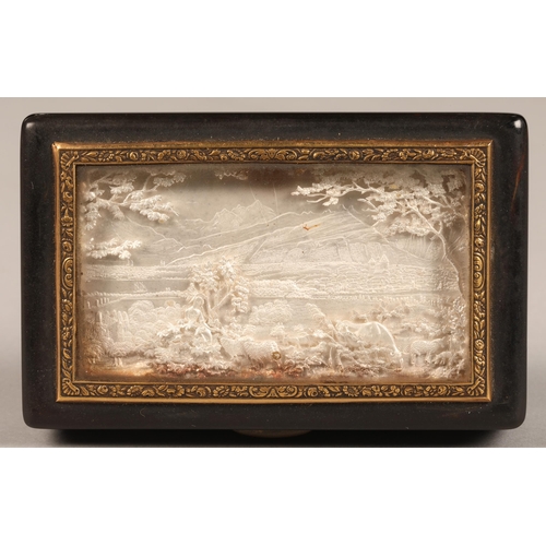 276 - A 19th century two air tortoise-shell musical box, the lid inset with a mountain landscape made from... 