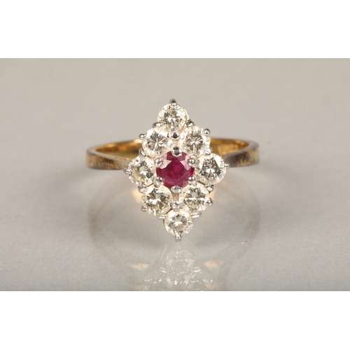 171 - 18ct yellow gold ruby and diamond ring, the central ruby encircled by eight 0.1cts diamond arranged ... 