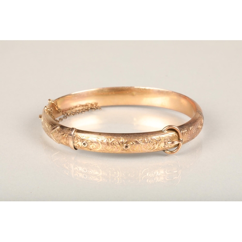 173 - Victorian 9ct gold bangle of buckle and strap form, makers mark rubbed, Birmingham 1898, 10g.