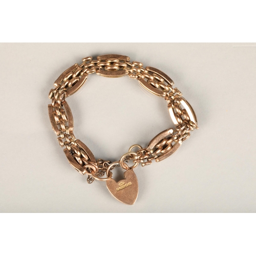 180 - 9ct gold bracelet with heart shaped padlock closure, 13.2g.