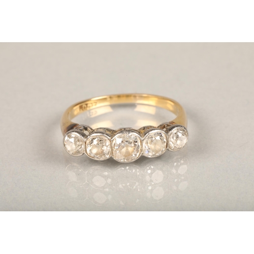 181 - 18ct gold diamond five stone ring, the central diamond approximately 0.5ct, flanked by 0.3ct and 0.2... 