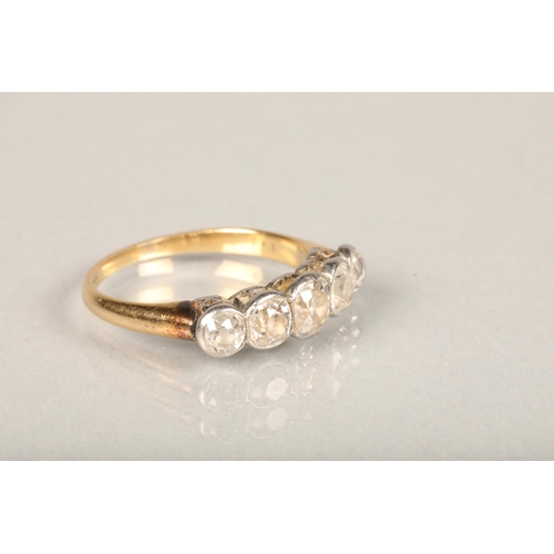 181 - 18ct gold diamond five stone ring, the central diamond approximately 0.5ct, flanked by 0.3ct and 0.2... 