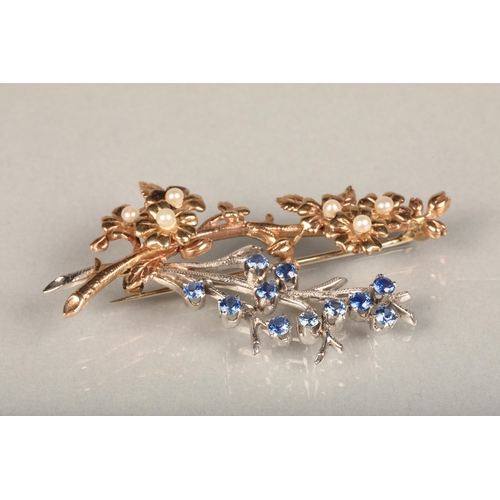 182 - 9ct gold floral spray brooch set with sapphires and seed pearls, maker 'C&F', probably Cropp &am... 