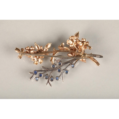 182 - 9ct gold floral spray brooch set with sapphires and seed pearls, maker 'C&F', probably Cropp &am... 