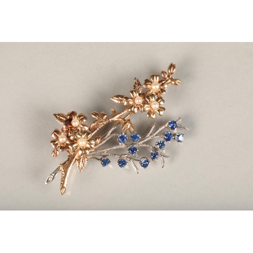 182 - 9ct gold floral spray brooch set with sapphires and seed pearls, maker 'C&F', probably Cropp &am... 