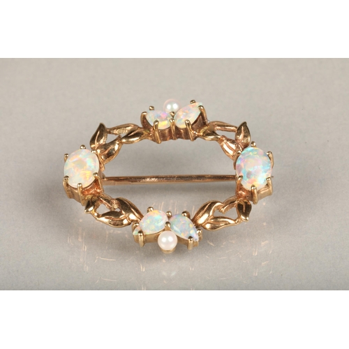 183 - 9ct gold opal and seed pearl brooch, makers mark 'C&F', probably Cropp & Farr Ltd, London, 1... 