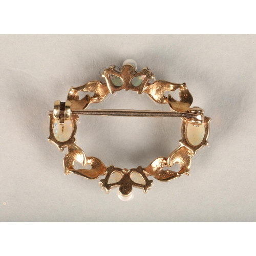 183 - 9ct gold opal and seed pearl brooch, makers mark 'C&F', probably Cropp & Farr Ltd, London, 1... 