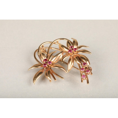 184 - 9ct gold ruby brooch of leaf form, makers mark 'C&F', probably Cropp & Farr Ltd, London 1987... 