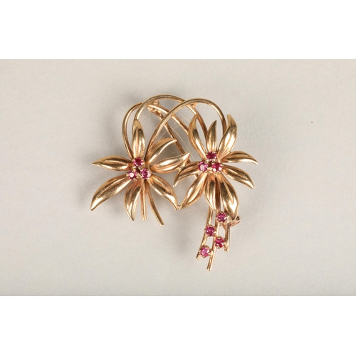 184 - 9ct gold ruby brooch of leaf form, makers mark 'C&F', probably Cropp & Farr Ltd, London 1987... 