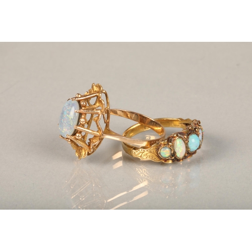 188 - 14ct yellow gold opal ring with 1970s Brutalist style setting, ring size Q, 3.5g gross and a yellow ... 