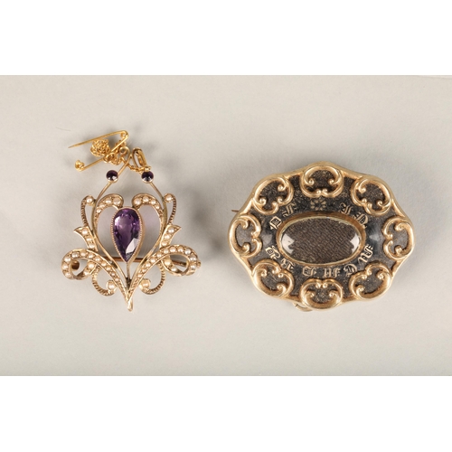 190 - Victorian 9ct gold amethyst and seed pearl set Holbein combination pendant brooch, 4.9g and an antiq... 