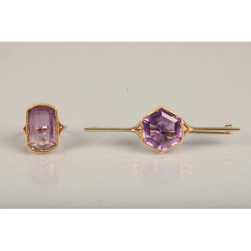 200 - 9ct gold bar brooch set with large hexagonal amethyst frame by rope twist border, 7.4g gross, and a ... 