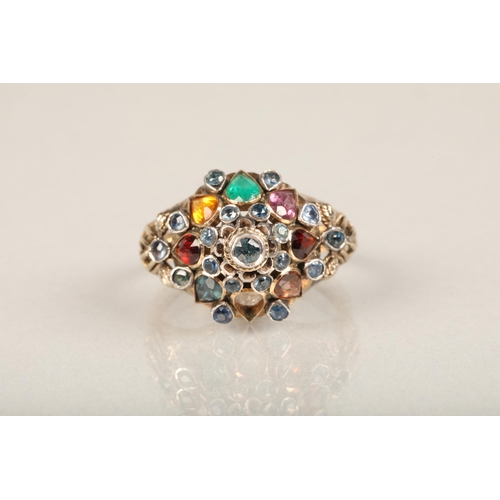 208 - 18ct gold gem set dress ring of unusual design of cone shape set with multi coloured gemstones, stam... 