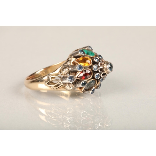 208 - 18ct gold gem set dress ring of unusual design of cone shape set with multi coloured gemstones, stam... 