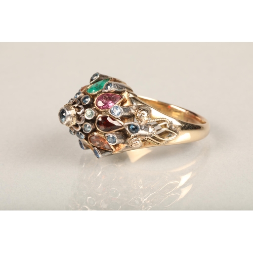 208 - 18ct gold gem set dress ring of unusual design of cone shape set with multi coloured gemstones, stam... 