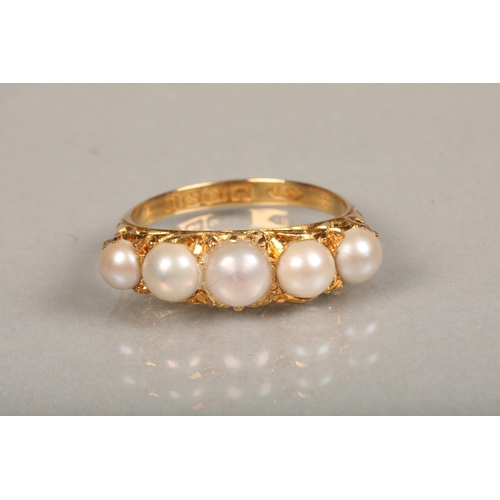 215 - 18ct gold five-stone seed pearl dress ring, ring size N/O, 4.2g.