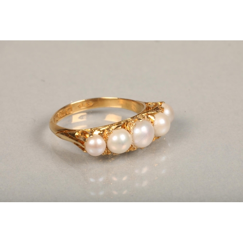 215 - 18ct gold five-stone seed pearl dress ring, ring size N/O, 4.2g.