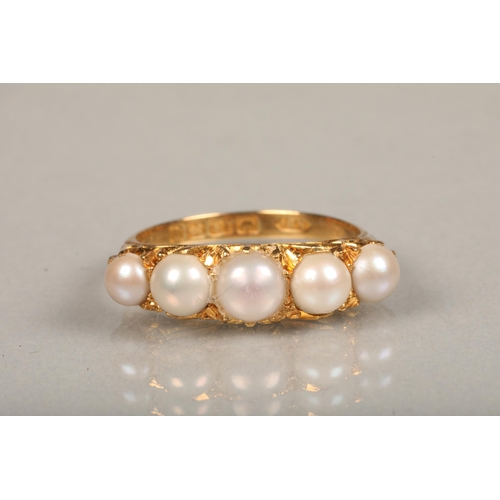 215 - 18ct gold five-stone seed pearl dress ring, ring size N/O, 4.2g.