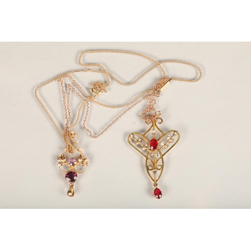 216 - Unhallmarked yellow metal garnet and pearl openwork pendant on chain, 6.6g gross, and a 9ct gold ame... 