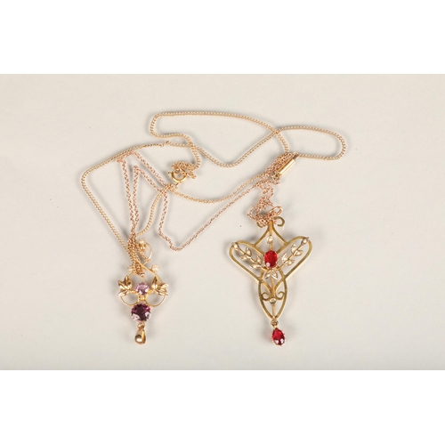 216 - Unhallmarked yellow metal garnet and pearl openwork pendant on chain, 6.6g gross, and a 9ct gold ame... 