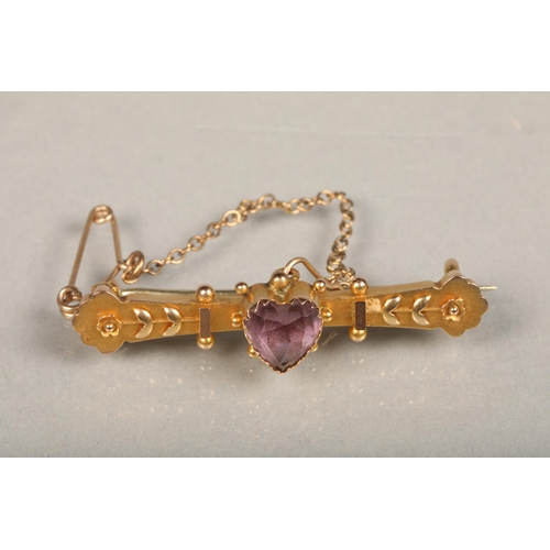 217 - Victorian 9ct gold heart shaped amethyst bar brooch, 2.8g, Victorian 9ct gold smoky quartz bar brooc... 