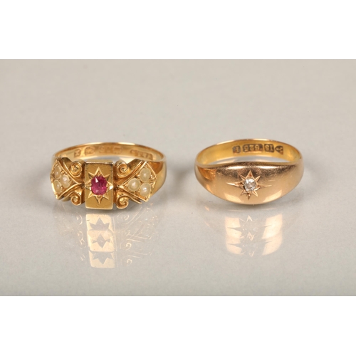 219 - Victorian 18ct gold ruby and pearl ring, maker W&JS, Birmingham 1897, size N, 3.7g and a 15ct go... 