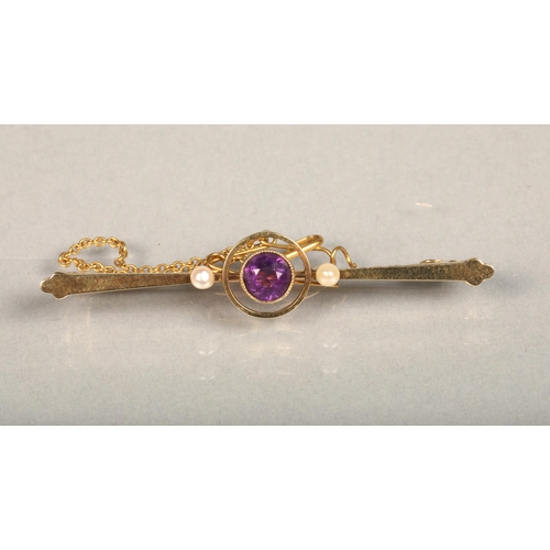 220 - 15ct gold amethyst and seed pearl bar brooch, 2.9g, a 9ct gold bar brooch 1.3g, 9ct gold bar brooch ... 