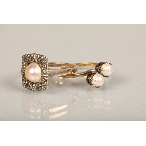 221 - 18ct gold seed pearl crossover ring, ring size N, 2.9g and a 9ct gold pearl and marcasite dress ring... 