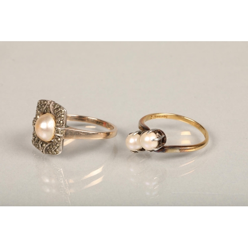 221 - 18ct gold seed pearl crossover ring, ring size N, 2.9g and a 9ct gold pearl and marcasite dress ring... 