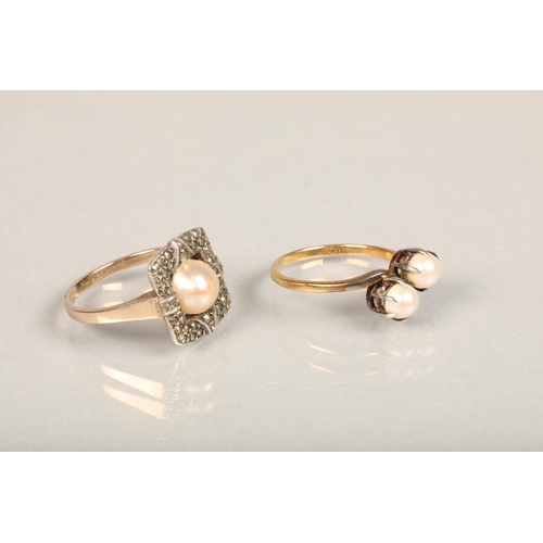 221 - 18ct gold seed pearl crossover ring, ring size N, 2.9g and a 9ct gold pearl and marcasite dress ring... 