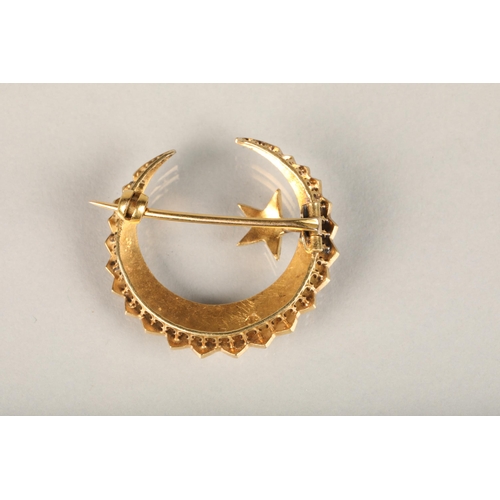 224 - Edwardian 15ct gold and seed pearl brooch, of crescent moon shape form with twin rows of graduating ... 