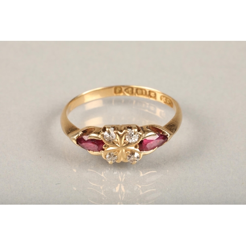 226 - Edwardian 18ct gold diamond and garnet ring, the four round cut diamonds in a clover shaped setting ... 