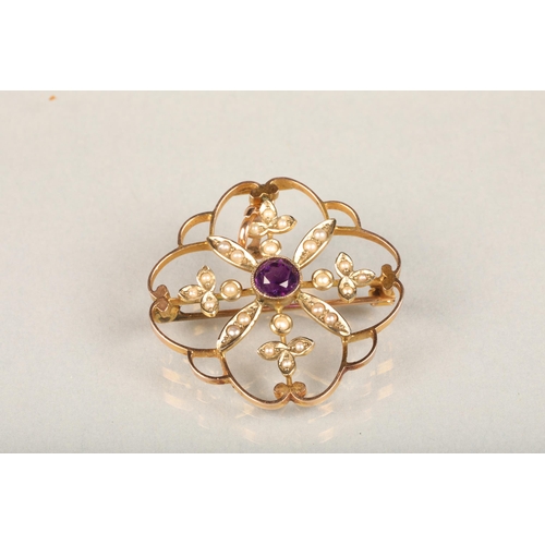 227 - Edwardian 9ct gold seed pearl and amethyst pendant, the round cut amethyst and seed pearls set in a ... 