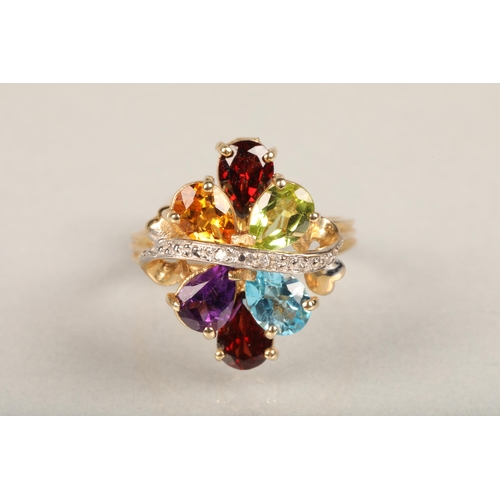 233 - Modern 9ct gold and multi stone fancy cluster ring, set with pear shaped garnet, amethyst, peridot, ... 