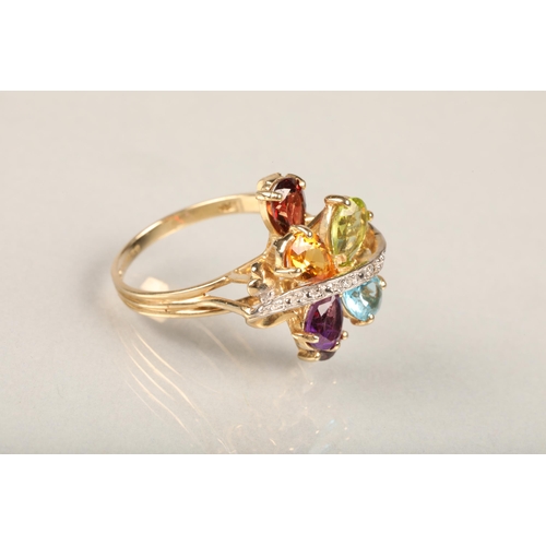 233 - Modern 9ct gold and multi stone fancy cluster ring, set with pear shaped garnet, amethyst, peridot, ... 