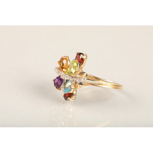 233 - Modern 9ct gold and multi stone fancy cluster ring, set with pear shaped garnet, amethyst, peridot, ... 