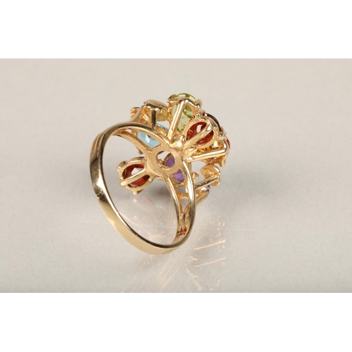 233 - Modern 9ct gold and multi stone fancy cluster ring, set with pear shaped garnet, amethyst, peridot, ... 