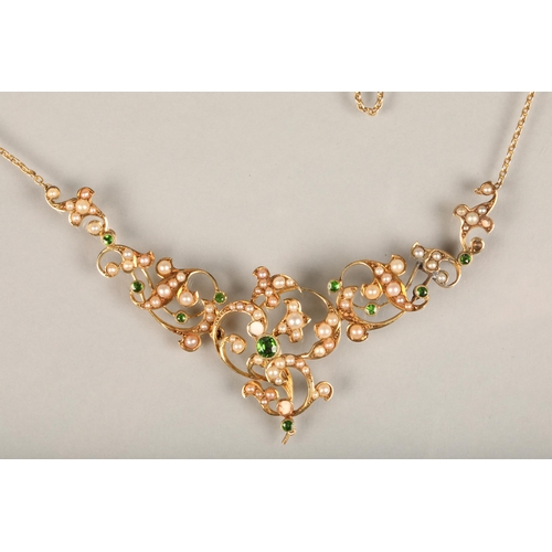 236 - Edwardian Belle Epoque style greenstone and seed pearl necklace, the small round cut green stones an... 