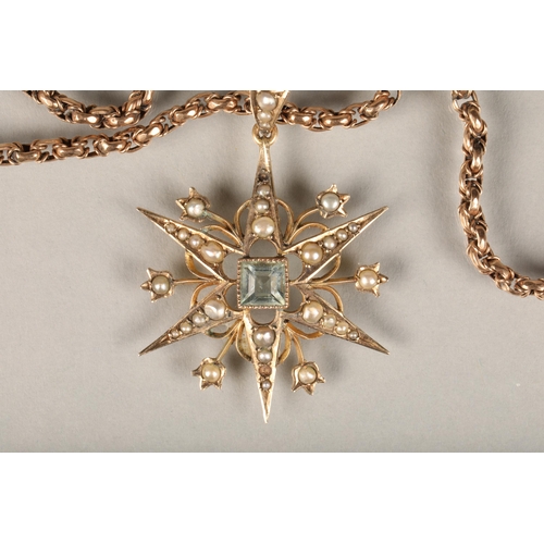 237 - Edwardian seed pearl and clear stone pendant, the central square cut aquamarine and split pearls set... 