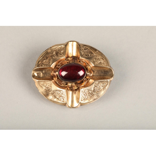 238 - Victorian yellow metal and garnet brooch, the foil backed oval cabochon garnet between a wirework le... 