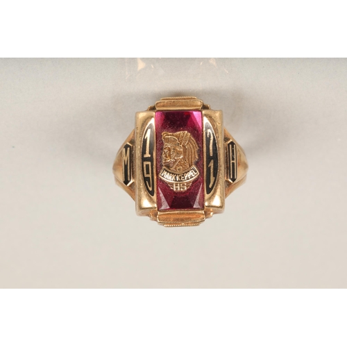 241 - American 10ct gold high school fraternity ring, the paste stone framing the emblem for Mark Keppel H... 