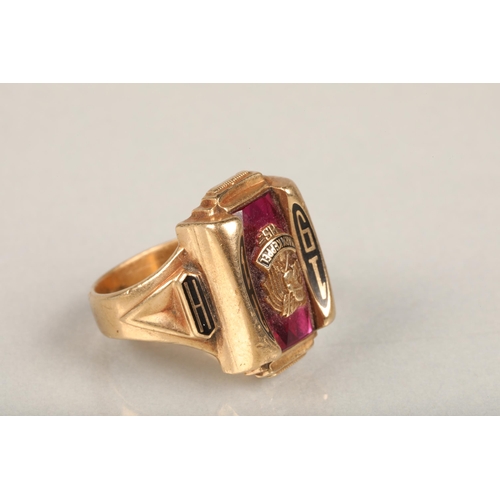 241 - American 10ct gold high school fraternity ring, the paste stone framing the emblem for Mark Keppel H... 