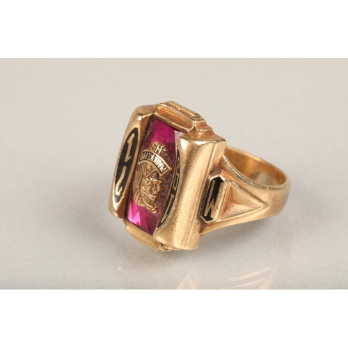 241 - American 10ct gold high school fraternity ring, the paste stone framing the emblem for Mark Keppel H... 