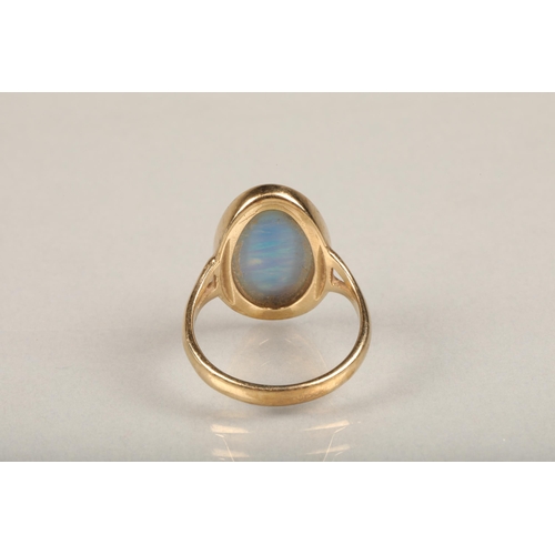 247 - 9ct gold and opal ring, the oval opal bezel set in gold frame leading to split shoulders on a plain ... 