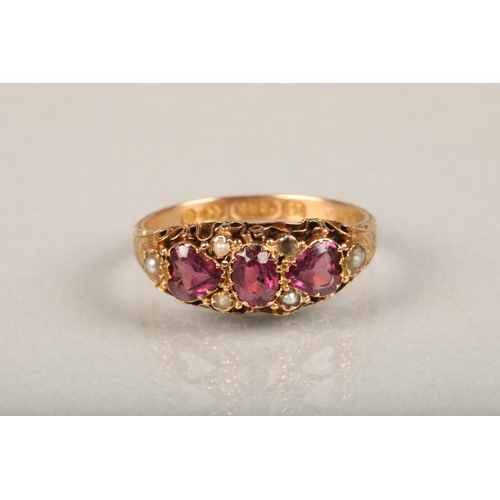 249 - Victorian 15ct gold amethyst trilogy ring, the central oval cut amethyst flanked by heart shaped ame... 