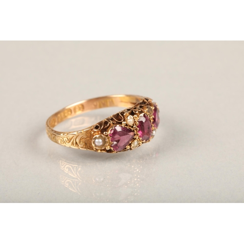 249 - Victorian 15ct gold amethyst trilogy ring, the central oval cut amethyst flanked by heart shaped ame... 