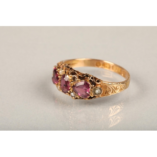 249 - Victorian 15ct gold amethyst trilogy ring, the central oval cut amethyst flanked by heart shaped ame... 